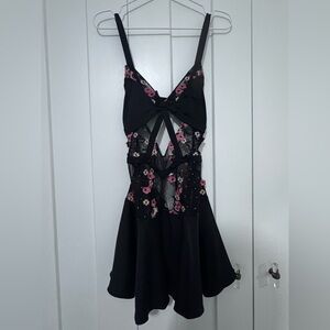 For Love And Lemons Black Lace Dress with Pink Floral Details